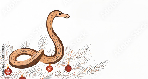 Wooden snake isolated on white background, festive card. Chinese new year 2025 symbol. Merry christmas and happy new year banner. Empty space for text, minimalist style.