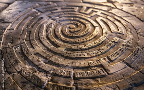 Ancient stone labyrinth engraving with inscribed Latin text. photo