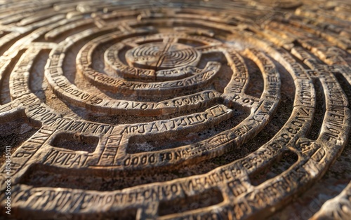 Ancient stone labyrinth engraving with inscribed Latin text.