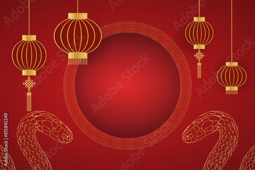 Chinese new year, gold and red, template for greetings, banner, poster. 2025 snake and Chinese lantern and copy space