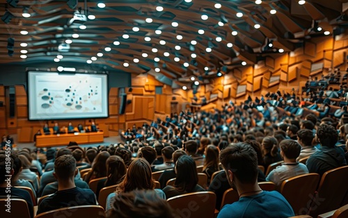 Audience attentively watching a presentation in a large auditorium.