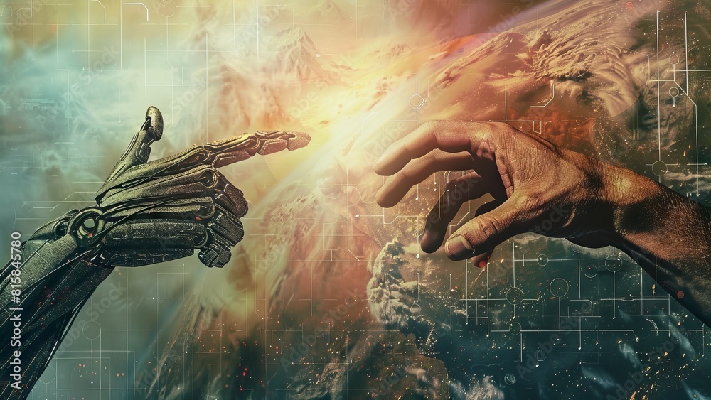 A powerful depiction of a human hand and a robotic hand reaching ...