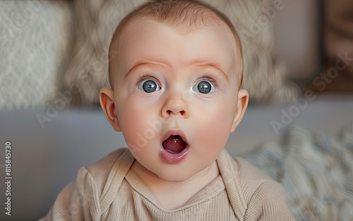 Baby with wide eyes and open mouth, looking surprised. photo