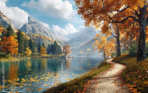 Autumnal mountain landscape with winding path by a tranquil lake. photo
