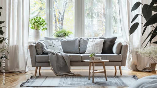 A serene and stylish living room featuring a comfortable gray sofa  surrounded by indoor plants and bathed in natural light from large windows.
