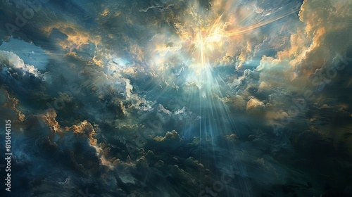 Divine Light Through Dark Clouds  Abstract Sky Background for Inspirational Design