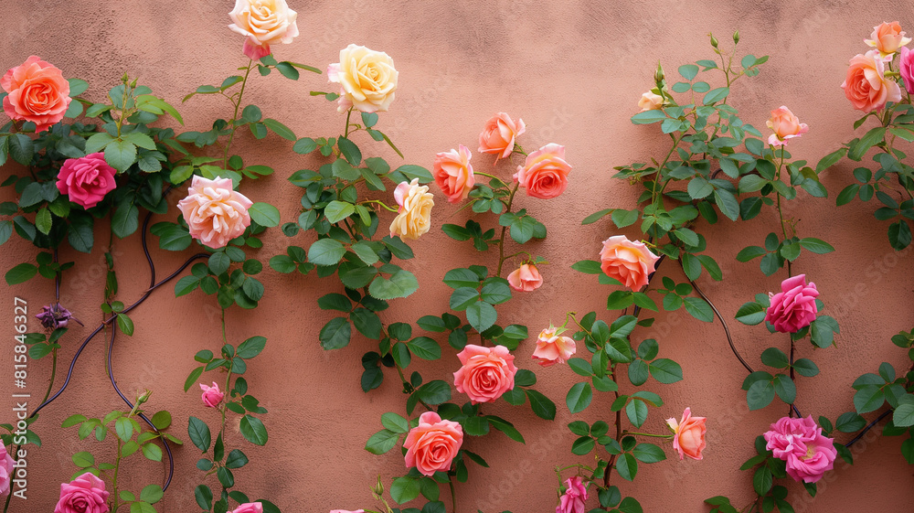Fototapeta premium Colorful Color Uk Roses Growing Along A Brown Wall. Minimalism photography. Ornament Photography