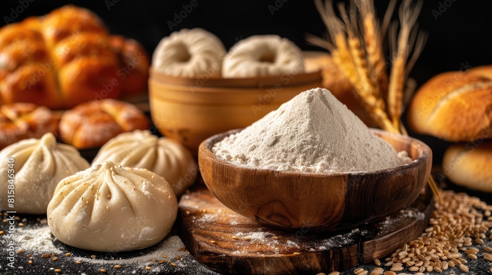 Fototapeta premium rice flour, rice dumplings, and a solitary ear of wheat arranged artfully on a wooden board, with white grain powder in a small bowl beside round white buns.