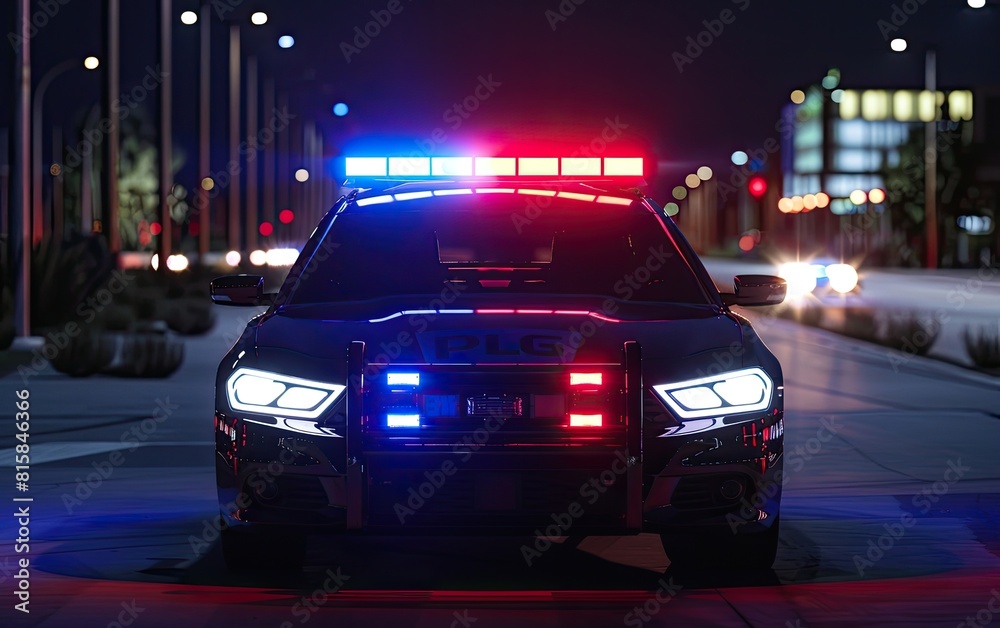 Blue and red lights flashing atop a police car at night.