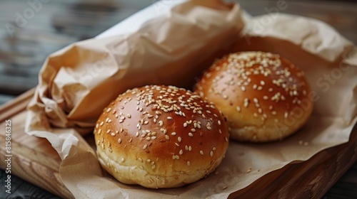 Appetizing sesame burger buns in a paper package on a wooden surface