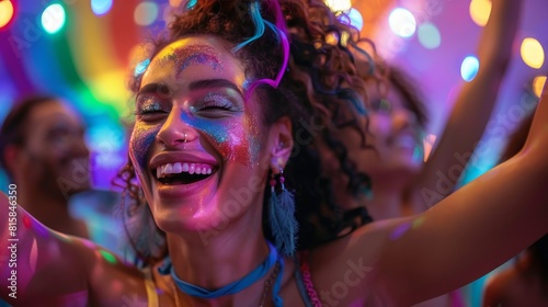 A group of people dancing joyfully at a Pride party with colorful lights illuminating their faces and the festive atmosphere