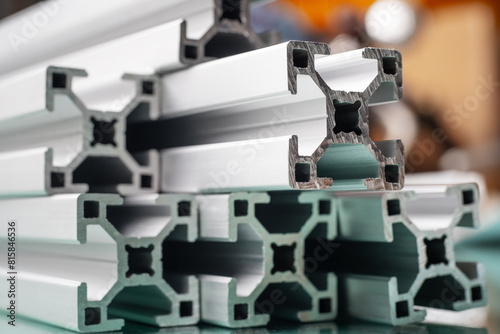 Obraz na płótnie Aluminum system profile , Aluminum T-Slot Extrusion Assembly Profile on desk, selective focus w salonie