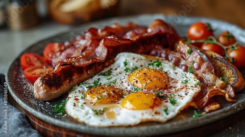 gourmet breakfast platter  a platter of a full english breakfast with fried eggs  crispy bacon  sausages  and grilled tomatoes is the epitome of a delicious morning meal