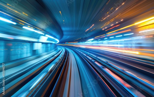 Blurred motion of a high-speed train in a tunnel with dynamic blue and orange lights.
