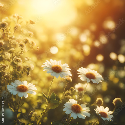 fiori di margherita camomilla in prato nel controluce del sole al tramonto in toni caldi estivi con bokeh creativo di sfondo photo