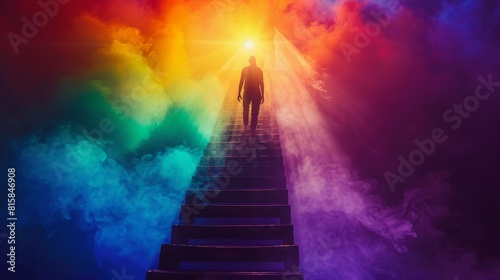 A symbolic image of a person climbing a ladder made of rainbow colors reaching towards a shining light at the top symbolizing the journey towards pride justice and liberation