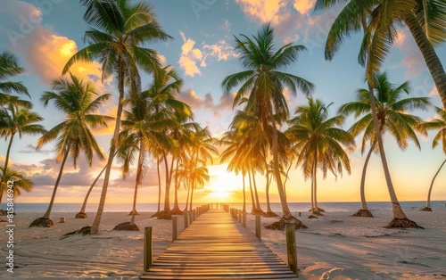 Boardwalk leading to a tropical beach lined with palm trees at sunset.
