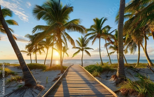 Boardwalk leading to a tropical beach lined with palm trees at sunset.