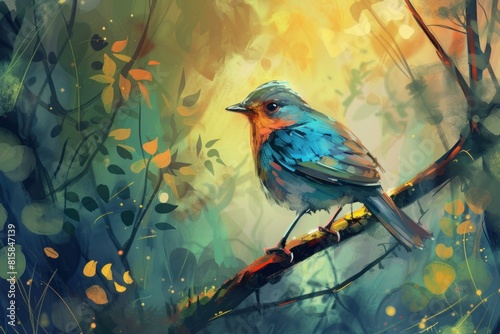 Detailed Bird in wild nature illustration. Wildlife bird sitting on tree branch morning beauty. Generate ai