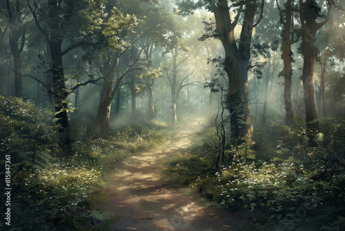 An enchanted forest path winding through towering trees  with sunlight filtering through the lush canopy and casting enchanting shadows on the forest floor