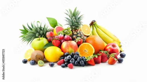 A variety of fruits including apples  oranges  bananas  grapes  pineapple  kiwi  and strawberries