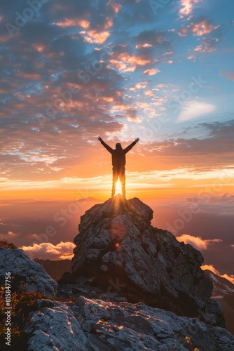 A man is standing on a mountain peak  with the sun setting behind him by AI generated image
