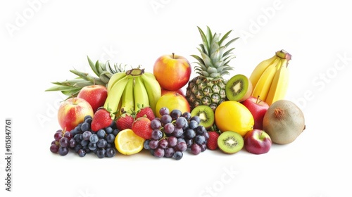 A variety of fruits including apples  grapes  bananas  pineapple  kiwi  and strawberries