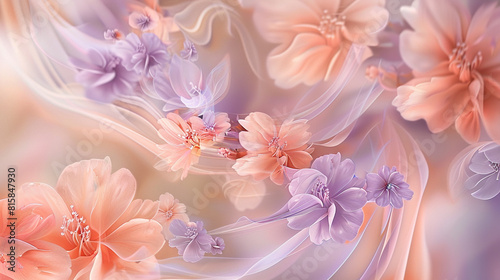 Delicate shades of peach and lavender form abstract petals and swirls  resembling a dance of cherry blossoms on a spring breeze.