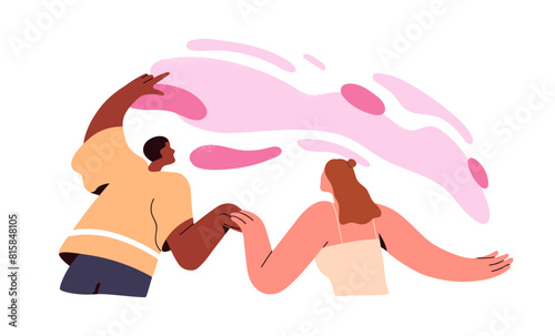 Love couple watching, looking wonder, imagining miracle together. Man and woman in romantic relationship. Valentine dreamers inspiration. Concept flat vector illustration isolated on white background