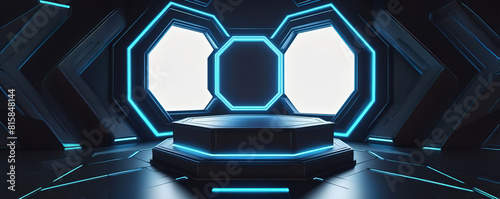 3d rendering illustration modern futuristic podium stage platform with neon lighting and black background for premium produt business technology.ai generated photo