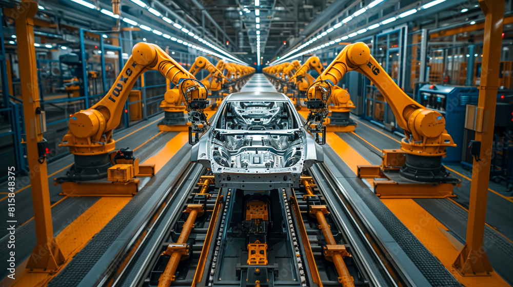 automated car assembly line, there are incomplete car bodies, parallel to each other, yellow robotic arms are engaged in the assembly process, environment is fully utomated automated car assembly line, there are incomplete car bodies, parallel to each other, yellow robotic arms are engaged in the assembly process, environment is fully utomated