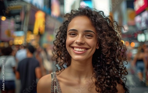 Cheerful woman with curly hair smiling in a bustling city street.