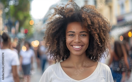 Cheerful woman with curly hair smiling in a bustling city street. © OLGA