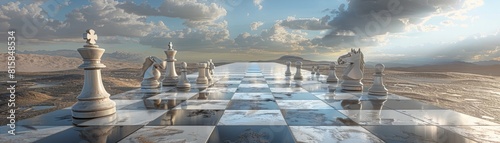 A floating chessboard in a barren desert landscape, with chess pieces cast as long, distorted shadows photo