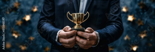 Achievement and business goal success concept, Winner and success of business, Businessman holding icon of digital marketing and cup of leadership trophy success, strategy, planning and target 