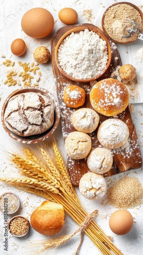 rice flour, rice dumplings, and a solitary ear of wheat arranged artfully on a wooden board, with white grain powder in a small bowl beside round white buns.
