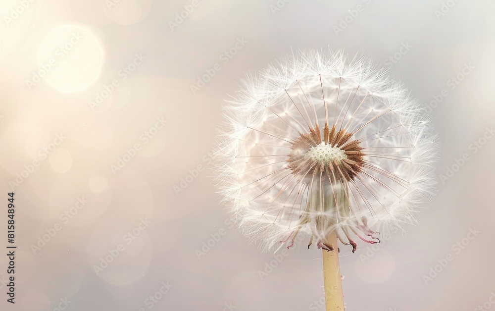 Close-up of a dandelion seed head against a soft light background.