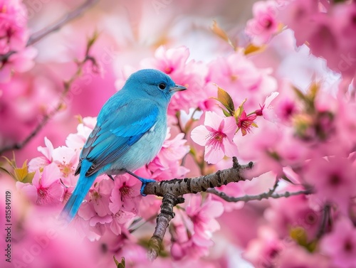 A strikingly vibrant blue songbird perched delicately among pink cherry blossoms, creating a captivating scene of natural beauty and color contrast.