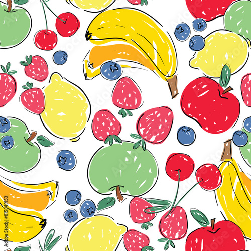 Hand drawn seamless pattern fruts Print design for fashionable textile. Fruit trendy summer fabric. photo