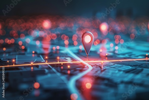 Digital hand set location on map with two pins. AI technology in GPs, innovation delivery, map location, future transport logistic, route path concept. GPs point. New office location, change address