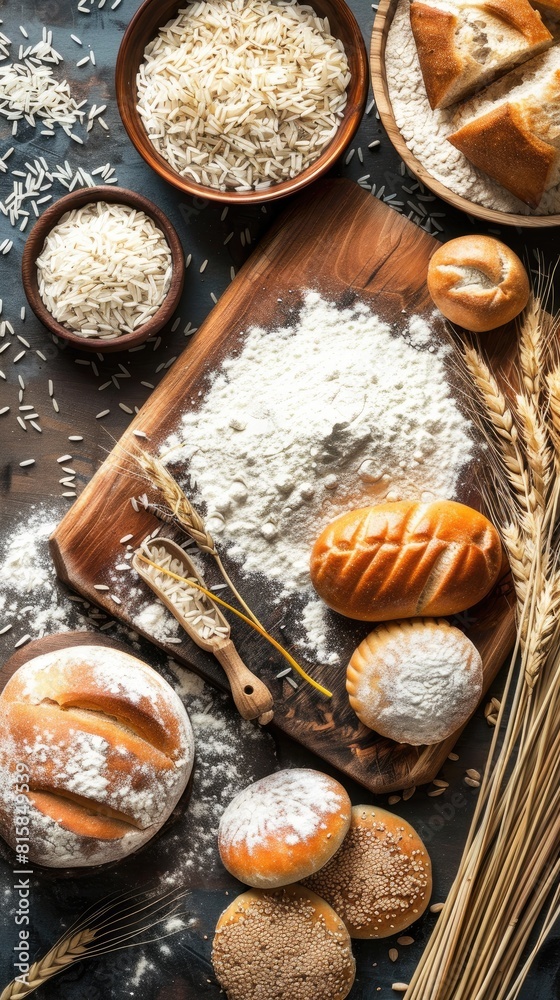 rice flour, rice dumplings, and a solitary ear of wheat arranged artfully on a wooden board, with white grain powder in a small bowl beside round white buns. rice flour, rice dumplings, and a solitary ear of wheat arranged artfully on a wooden board, with white grain powder in a small bowl beside round white buns.