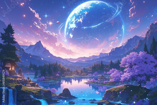 Anime illustration of a night sky with stars  planet and lake