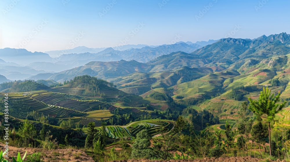 Fototapeta premium a stunning landscape featuring lush green rice terraces against a backdrop of majestic mountains.