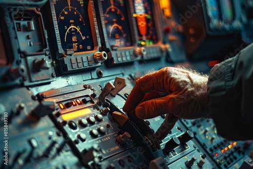 Hand of a pilot on the power levers of an airliner. Cockpit view photo