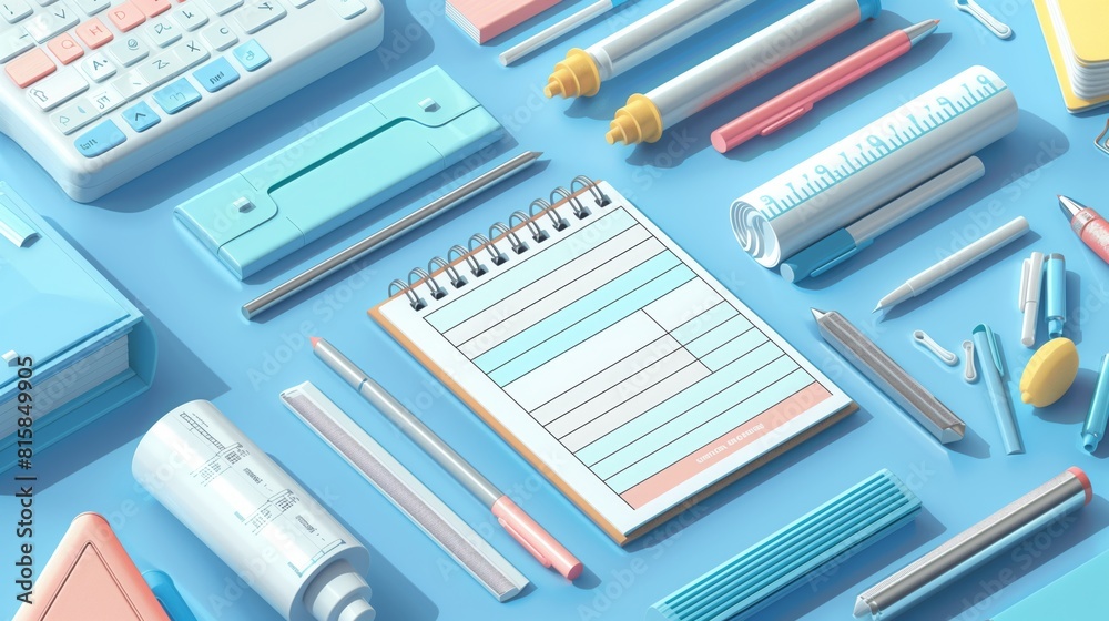 Various office supplies neatly arranged on a blue background, including pens, pencils, notebooks, paper clips, and sticky notes Various office supplies neatly arranged on a blue background, including pens, pencils, notebooks, paper clips, and sticky notes