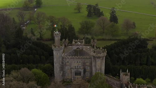 Wide aerial view of Charleville Castle and symmetrical gardens. Offaly, Ireland photo