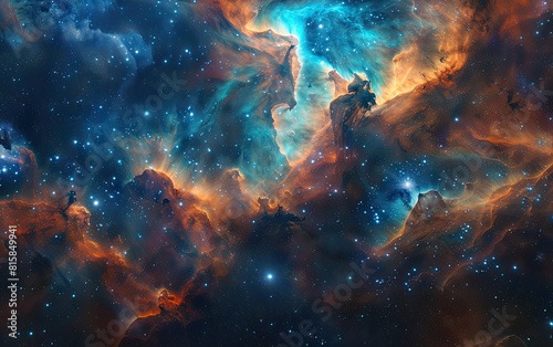 Cosmic tapestry of swirling nebulas in vibrant hues of blue and orange.