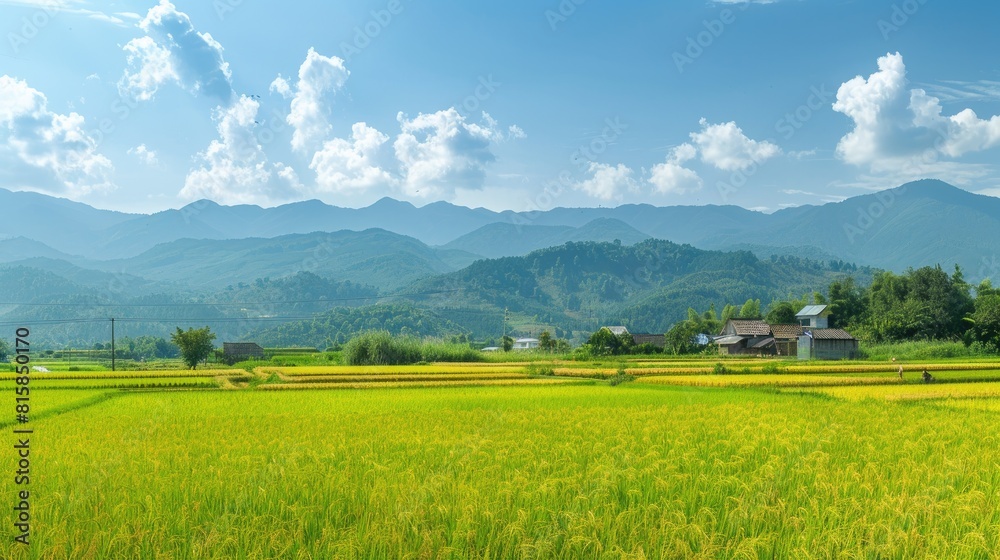 a stunning landscape featuring lush green rice terraces against a backdrop of majestic mountains