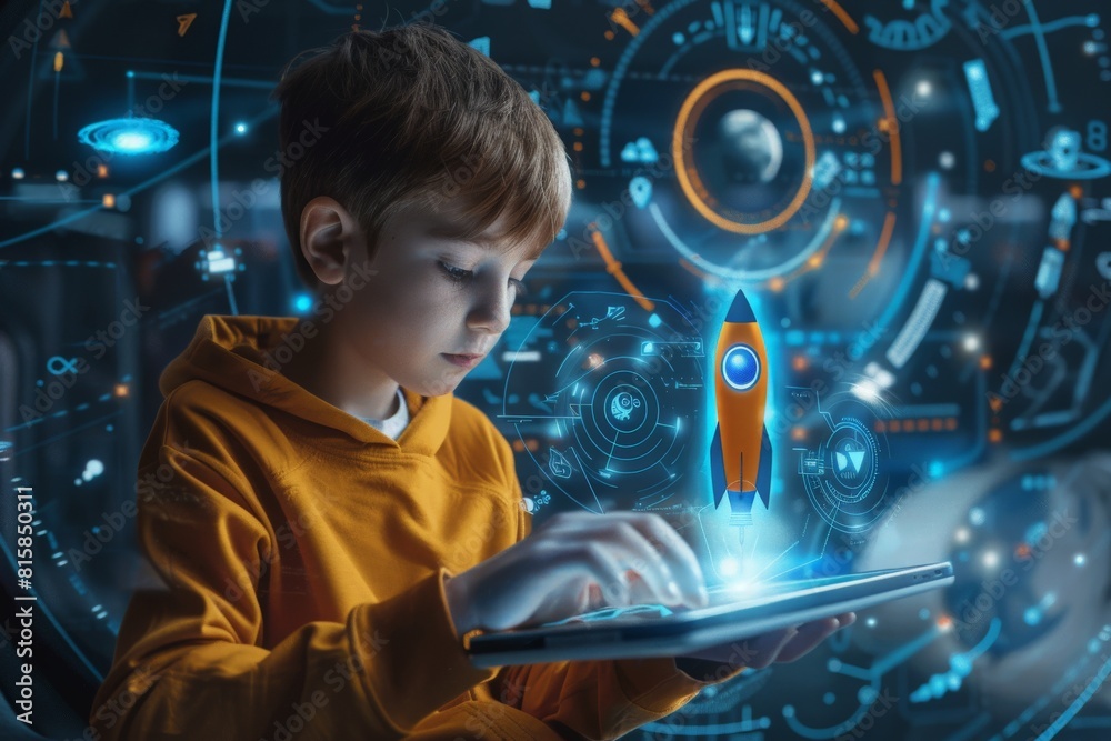 Kid boy using digital tablet, blue hud with rocket launch and different icons, social media and network connection. Concept of future opportunities and education Kid boy using digital tablet, blue hud with rocket launch and different icons, social media and network connection. Concept of future opportunities and education