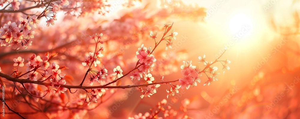 The suns rays illuminate a tree with delicate pink blossoms in full bloom, creating a vibrant and colorful scene The suns rays illuminate a tree with delicate pink blossoms in full bloom, creating a vibrant and colorful scene